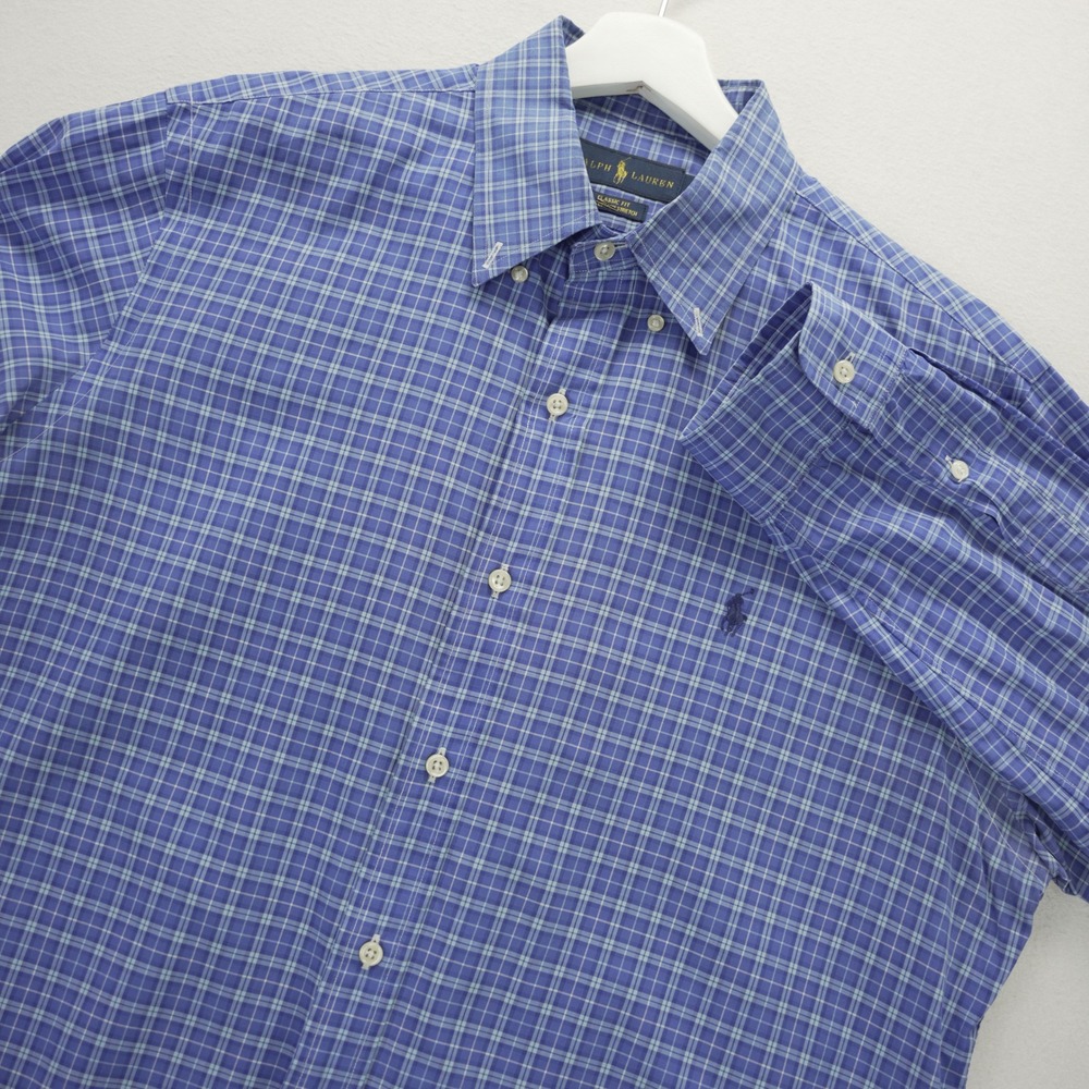 Ralph Lauren Classic Fit Blue Plaid Cotton Stretch Button Down Shirt Mens Large